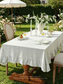1pc Minimalist Plaid Tablecloth, Fresh Style With Ruffled Hem Decoration, Suitable For Daily Home Tabletop Decor - Baby Blue - View 4