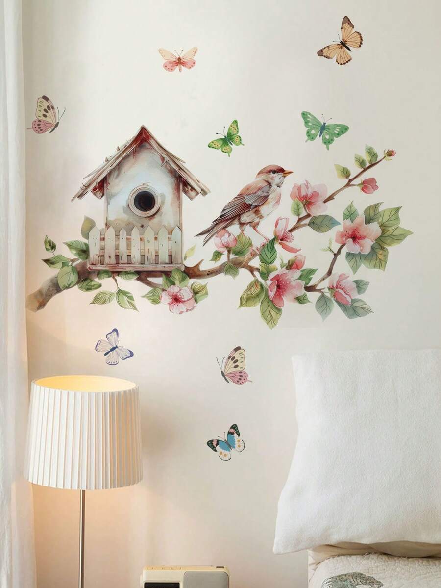 1 pieza Pegatina de decoración de pared con pájaro, rama de flor de durazno y mariposa, nido de pájaro, calcomanía de pared removible para decoración de habitación, dormitorio, sala de estar, entrada - 1PC - Ver 1