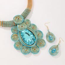 1 Set Bohemian Style Rhinestone Jewelry Set, Exaggerated Wire-Woven Mesh Necklace & Spiral Earrings, For Women's Party And Festival Wear - Multicolor - View 3
