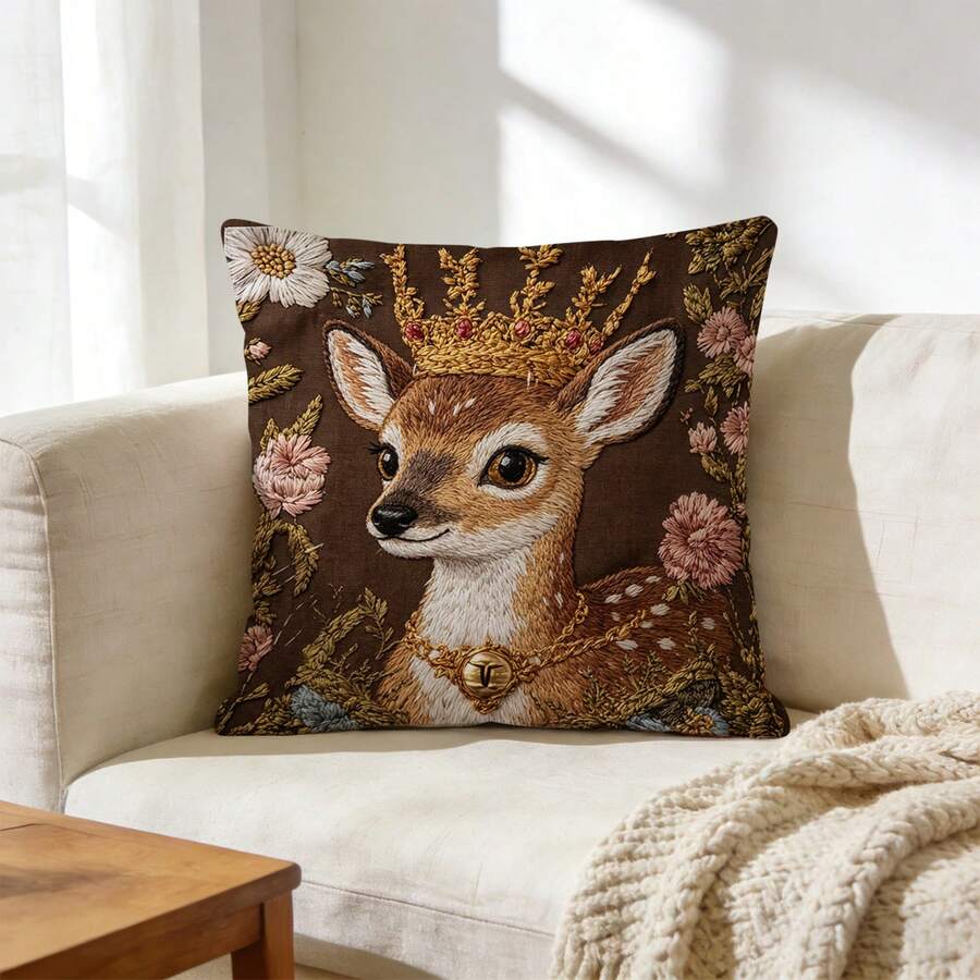 1件深棕色皇冠鹿仿刺繡枕套,森系復古聚酯纖維正方形3D印花柔軟靠墊套,客廳臥室民宿四季通用家居裝飾 - 棕色 - 查看 1