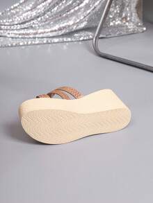 Plus Size High Heel Sandals Slip-On Thin Strap Wedge Heel Rhinestone Fashion Versatile Thick Sole Sandals - Rose Gold - View 3