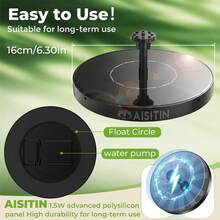 Floating Solar Bird Bath Fountain Pump 1.5w, 6 Adjustable Nozzles Anti-Splashing Submersible Solar Powered Pump For Garden, Yard, Pond, Pool & Outdoor Spring Decoration - 黑色 - 查看 7