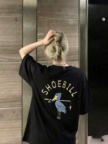 Women's Casual Loose Round Neck Letter & Cartoon Bird Print Short Sleeve T-Shirt, Versatile For Summer Black - Black - View 2