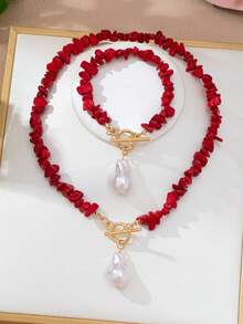 2pcs New Chinese Style Bright Red Crushed Stone & Baroque Pearl Jewelry Set, Niche Design OT Clasp Necklace & Bracelet, Holiday Gift Jewelry Set - Red and White - View 7