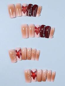 24pcs Long Coffin Shaped 3D Gel Nail Tips, With Pearl Decoration Design, French Manicure Nail Tips, Long Perfect Fit Fake Nails Set, Easy To Wear, Suitable For Summer, French Manicure, Brown Nails - Multicolor - View 3