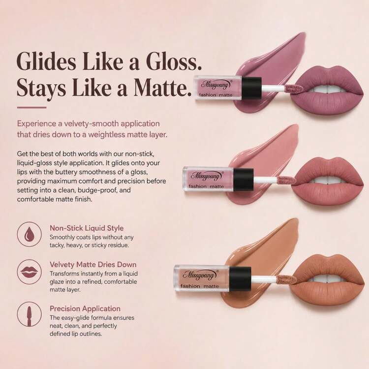 Envie Nude Matte Lipstick Set Waterproof Long Lasting Liquid Lip Gloss 3 Shades Kit - Multicolor - View 7