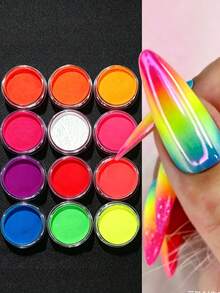Dofuny 12colors/Set Gradient Neon Powder Fluorescent Matte Phosphor Loose Nails Powder Bright Neon Acrylic Glitter Pigment Matte Spangle Dust - Apricot - View 2