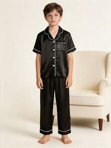 Tween Boy Black Mottled Collar Short Sleeve Single-Breasted Top And Shorts/Pants Casual Pajama 3-Piece Set - Black - View 6