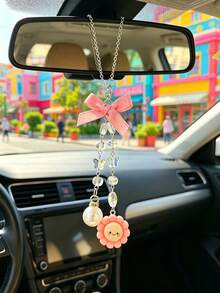 Cute Sunflower Car Rearview Mirror Hanging Ornament, Pink Bow Crystal Chain Car Decor, Adorable Car Decoration Gift - Sun Pearl Bow - View 10