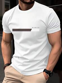 Men's 100% Cotton T-Shirt, Slim Fit, Short Sleeves, Crew Neck, Parisian Letter Stripe Print, Suitable For Casual Summer Wear, Breathable French Style Top. - White - View 1