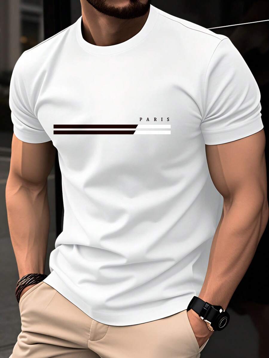 Men's 100% Cotton T-Shirt, Slim Fit, Short Sleeves, Crew Neck, Parisian Letter Stripe Print, Suitable For Casual Summer Wear, Breathable French Style Top. - White - View 1