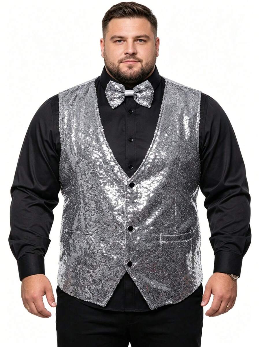 Men's Plus Size Sequin Vest, Glamorous Disco Banquet Stage Nightclub Suit Vest With Bow Tie - Silver - View 1