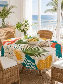 1pc-Boho Tropical Palm Leaf Round Polyester Tablecloth, Colorful Summer Geometric Print Table Cover, Wrinkle Resistant Wavy Edge Tablecloth For Outdoor Patio, Garden, Poolside, Backyard BBQ, Kitchen Dining Home Decor - Multicolor - View 3