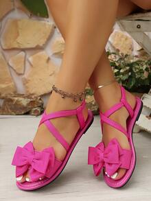 Damen Mode Schleife Strand Sandalen, Kreuzriemen Design, Schleife Flache Sandalen, Elastisches Band Damen Sandalen, Sommer Outdoor Bequeme Sandalen - Heißes Pink - Übersicht 6