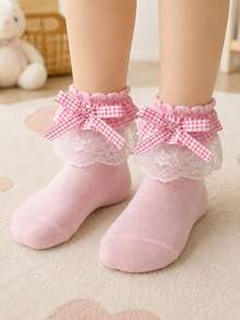 1 Pair Girls' Ruffle Lace Bow Short Socks Princess Style Frill Baby Socks - Pink - View 6