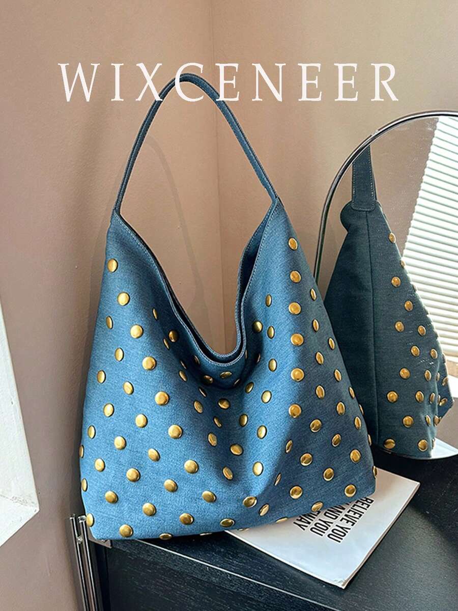 1pc Vintage Suede Large Capacity Shoulder Tote Bag, New Style, Suitable For Work, Shopping, School - Baby Blue - View 1