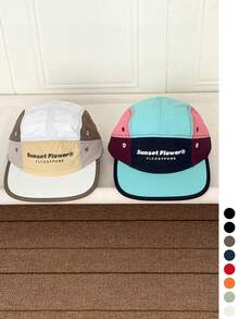 1 pieza Gorra de béisbol de moda callejera con parte superior suave, diseño de bloques de color y patchwork, visera plana, estilo hip hop, secado rápido, unisex con letras, gorra de ciclismo para exteriores tipo techwear, sombrero de sol de 5 paneles con patchwork, delgado y repelente al agua para el verano - Bloqueo de color de puesta de sol - Ver 2