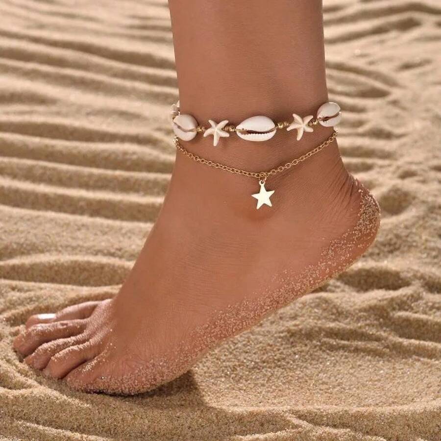 Women's Starfish Shell Anklets, Bohemian Ankle Bracelet, Rice Bead Leg Bracelet, Handmade Foot Chain, Bohemian Jewelry, Sandals, Gift - AK24Y0038 - 查看 1