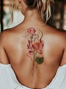 1pc Traditional Chinese Ink And Powder Pattern Lotus And Spirit Fox Temporary Tattoo Sticker, With Realistic Tattoo Design. Suitable For Travel, Music Festivals, Games, Graduation Gifts. Lasts For 3-5 Days. - Multicolor - View 3
