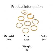 8pcs/Set Textured Thin Ring Stacking Rings, Minimalist Versatile Casual Commute Style For Summer - Yellow Gold - View 6