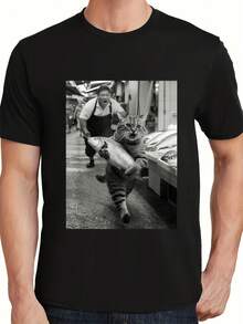 Men's One-Shirt With A Humorous Design Featuring A Cat Flying A Fish, Perfect For A Casual Outdoor Outfit. - Black - View 2