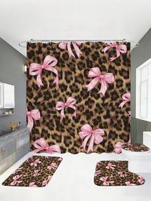 4PCS Leopard Print Base Pink Bow Sweet Cool Bathroom Set, Including Shower Curtain, U-Shaped Toilet Seat, Non Slip Floor Mat, Toilet Seat Cushion, With 12 Shower Curtain Hooks, 250th Anniversary Celebration, Holidays - A - View 3