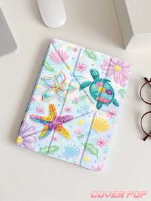 Turtle And Floral Pattern Tablet Protective Case Compatible With IPad Air 8 (M4) 2026 (11-Inch) / 2026 (13-Inch), 9.7/10.2/10.5/10.9/12.9/Pro 11/A16, 10th Generation, Kindle Paperwhite 12th Generation 2024, Kindle (11th Generation - 2024 Release), Soft Shockproof, Smart Sleep/Wake Function, Y-Shaped Folding Tablet Protective Case, Multi-Angle Viewing - Multicolor - View 3