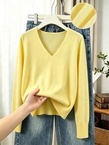 GIGOGOU Women's Basic Knit Pullover Sweater For Autumn/Winter, Soft And Comfortable V-Neck Casual Knit Top, Minimalist Style Yellow Fall - Yellow - View 6