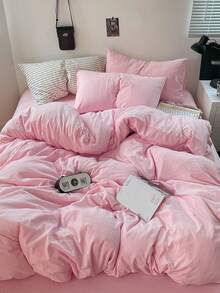 Blue And White Color Block Washed Polyester Skin-Friendly 3 PiecesDuvet Cover Set - Baby Pink - View 4