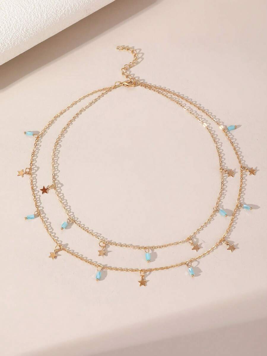 NAIZHU 1pc Daily Fashion Versatile Double Layer Stacked Star Tassel Necklace - Baby Blue - View 1