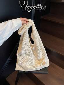 Yogodlns Women's Crochet Aesthetic Design Beach Bag, Woven Net Underarm Bag, Versatile Summer Shoulder Bag, Casual Shoulder Bag For Women, Handbag - 杏色 - 查看 1