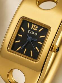 1pc Women's Gold Bangle Quartz Watch, Rectangular Hollow Bangle Wristwatch, Black Dial Blue Hands, Jewelry Style Formal Watch, Gift For Women And Girls - Gold - View 4