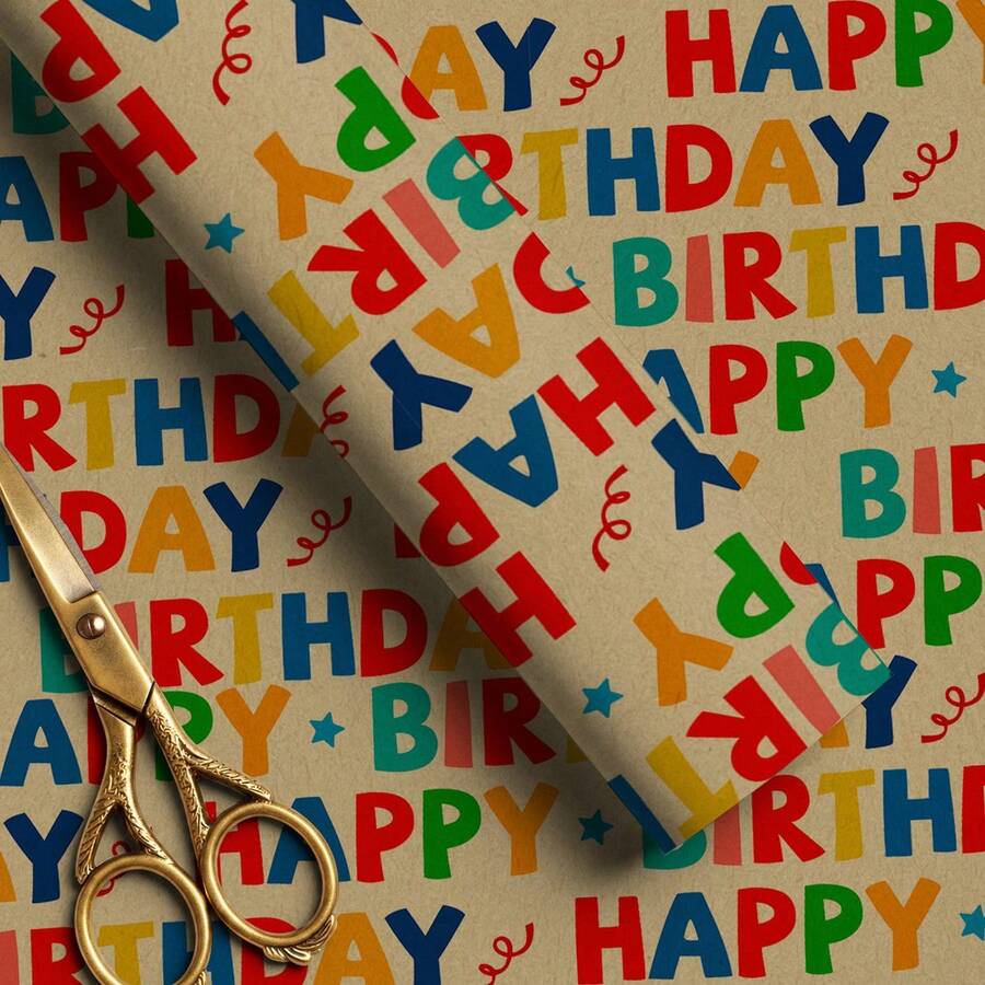 Rouleau de papier cadeau 5m/16.4ft, papier d'emballage cadeau, motif Joyeux Anniversaire, papier kraft mat, 43cm X 500cm, convient pour le DIY, les réunions entre meilleurs amis, les fêtes d'anniversaire, la décoration de vacances - Joyeux anniversaire - Voir 1