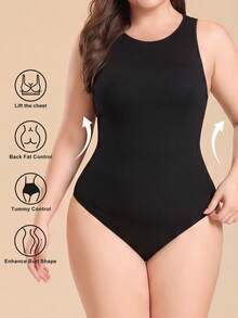 Plus Size Ribbed High Neck Bodysuit For Women, Racerback Tummy Control Butt Lifting Shapewear - Black - View 2