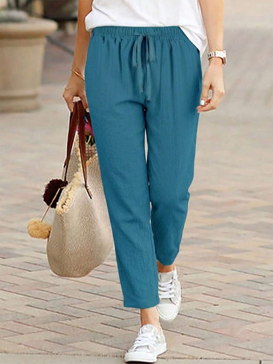 Jisfaneya Women's Solid Color Drawstring Casual Straight Leg Pants With Pockets - Lake Blue - View 1