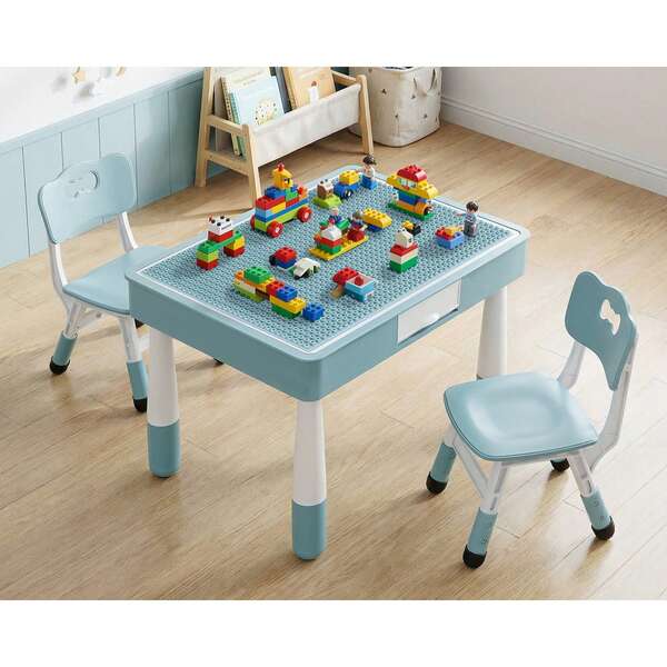 MAMIZO 4 In 1 Kids Table And 2 Chairs Set With 2 Drawers, Toddler Table And Chair Set For Ages 3-10, Graffiti & Building Blocks Double-Sided Tabletop, Height Adjustable