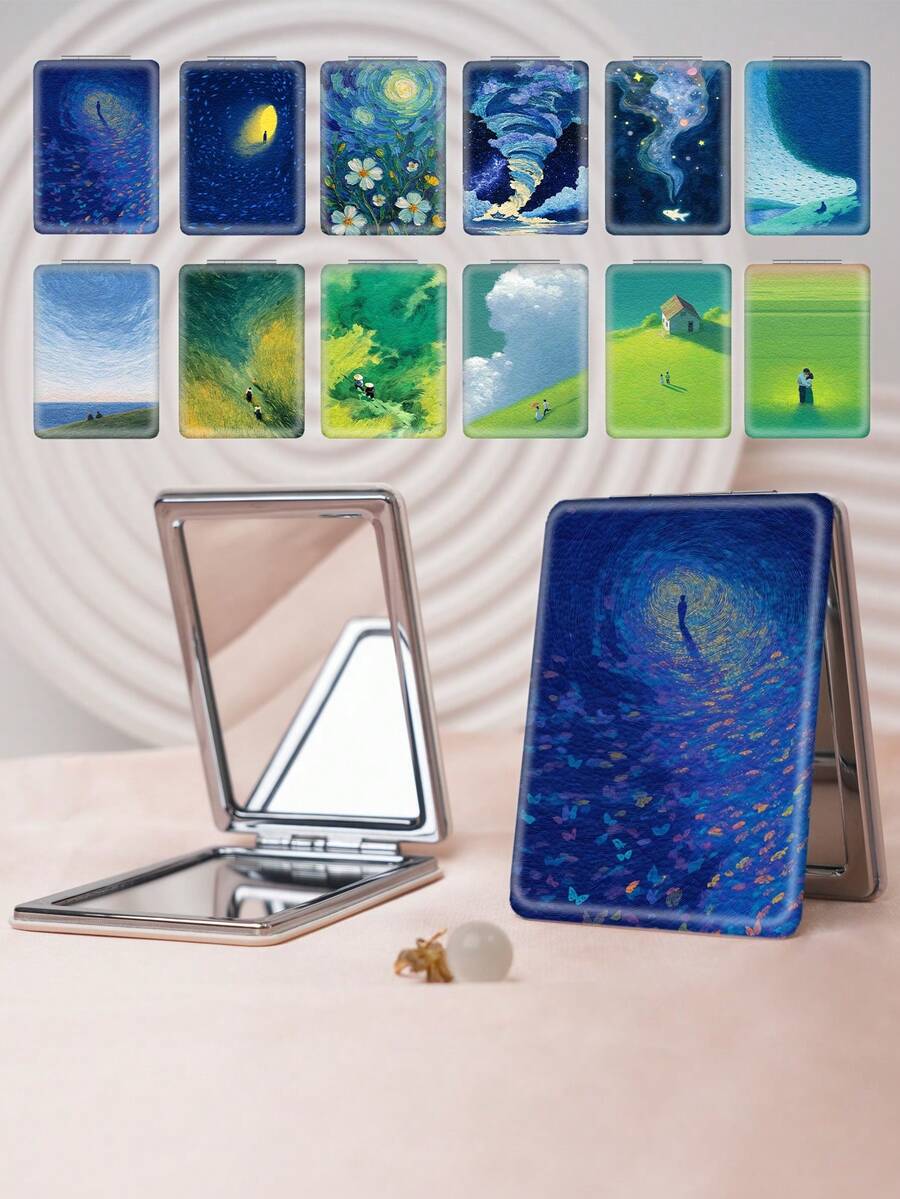 1個油畫復古系列便攜式化妝鏡,可折疊、輕巧、超薄、方便、耐用,PU皮革材質,適用於各種場合、旅行、派對、工作、學校,適合所有年齡層 - 彩色 - 查看 1