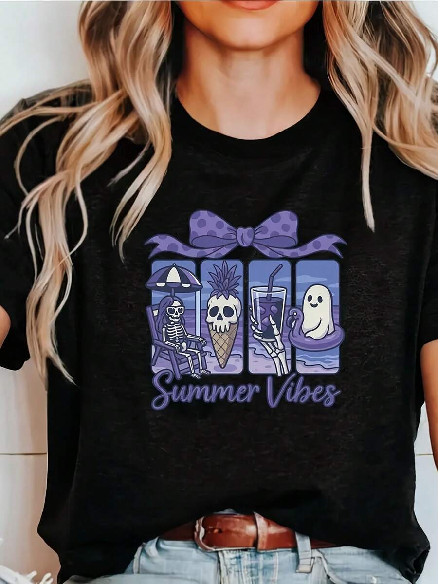 New Summer Black Short Sleeve Summerween Ghost T-Shirt Beach Skeleton Vibes - Funny Summer Tee - Black - View 1