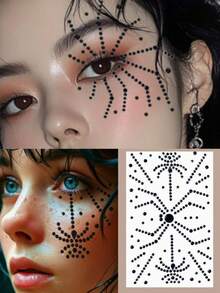 1pc/1set Halloween Face Rhinestone Stickers, Glue-Free Red & Black Cross, Bat, Blood Drip Rhinestone Combination, High Gloss Texture, Suitable For Face, Eyes, Neck, Fits Dark/Gothic Makeup, Create Thrilling Atmosphere Look - Multicolor - View 6