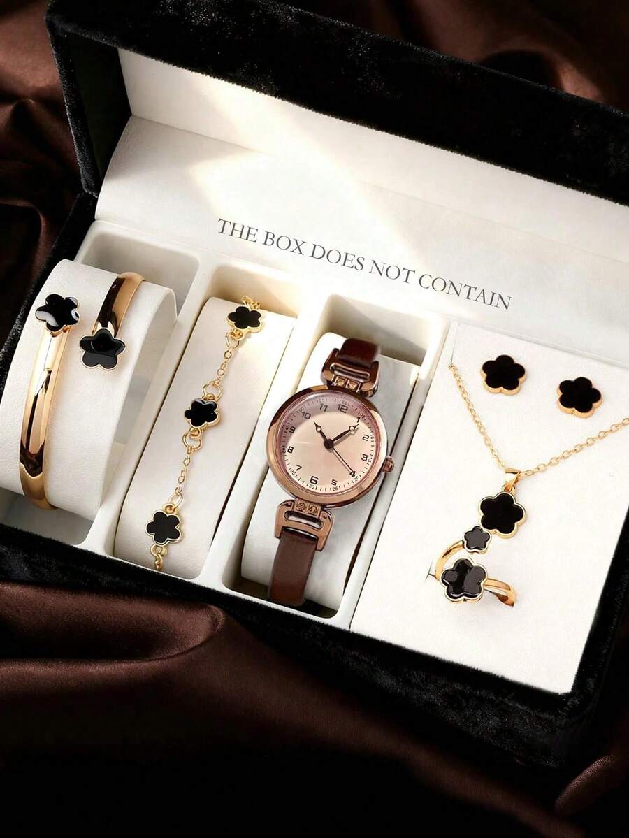 7pcs/Set Vintage Women's Student Highly Attractive Lightweight Luxury British Small Dial Quartz Watch - Brown - View 1