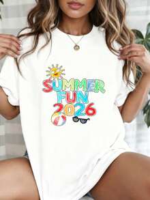 Summer Fun 2026 Graphic T-Shirt, 100% Cotton Beach Vacation Tee, Casual Crewneck Top For Summer Outings, Pool Parties & Family Trips - 白色 - 查看 11