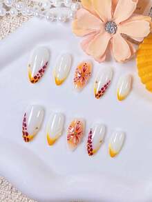 10片手工杏仁形美甲貼，白色底色，橘色法式邊，紅色波點，橘色腮紅，精緻雕花，金色鋼珠，高端時尚優雅，適合女性與女孩日常聚會 - 橘色 - 查看 4