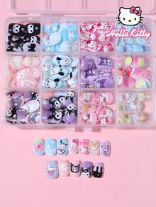 SANRIO 三麗鷗 Hello Kitty 288片/組 (12款混搭) 短方型法式穿戴式假指甲，可愛 3D Hello Kitty、Kuromi、Cinnamoroll 和 Pompompurin 圖案設計，完美貼合壓克力假指甲組，適合女孩日常與派對美甲使用 - 彩色 - 查看 2