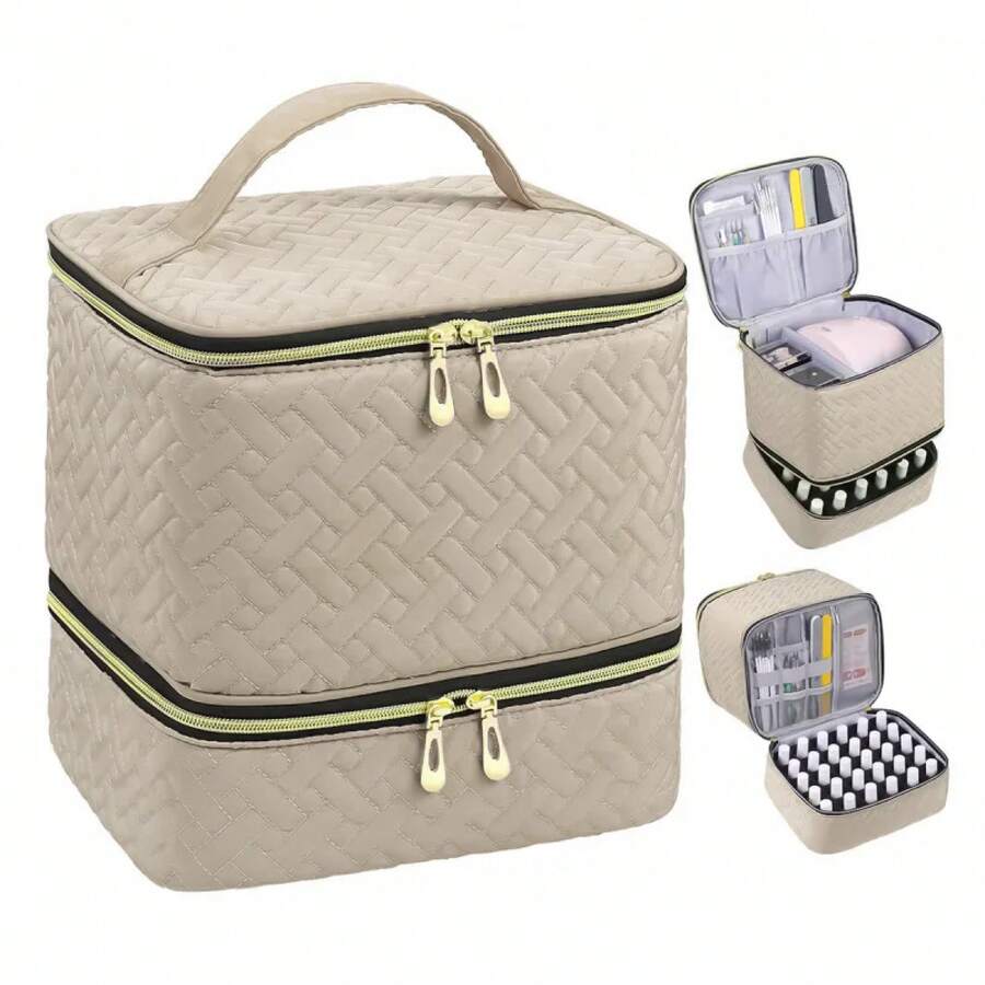 Bolsa de almacenamiento de esmalte de uñas, bolsa de aceite esencial, Kit cosmético portátil para el cuidado de las uñas, caja de almacenamiento de herramientas para el cuidado de uñas, doble capa, 30 compartimentos - Caqui - Ver 1