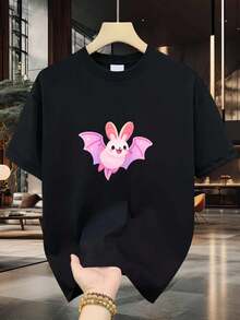 Camiseta de hombre con estampado de conejito alado y murciélago rosa y morado |   Estampado puro y premium, duradera, moda casual, cuello redondo, manga corta - Negro - Ver 1