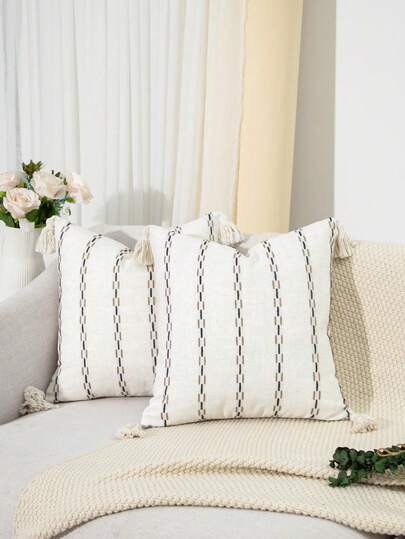 Funda de almohada de lino a rayas beige neutro, funda de cojín decorativo con patrón de costura vertical simple y borlas, cojín de acento moderno y minimalista para sala de estar, dormitorio y decoración del hogar, sin relleno de almohada