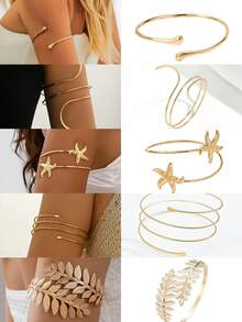 European And American Style Metal Arm Cuff 5pcs Set, Minimalist Geometric Line Leaf & Starfish Arm Bracelets, Accessories, Aesthetic - Gold - View 1