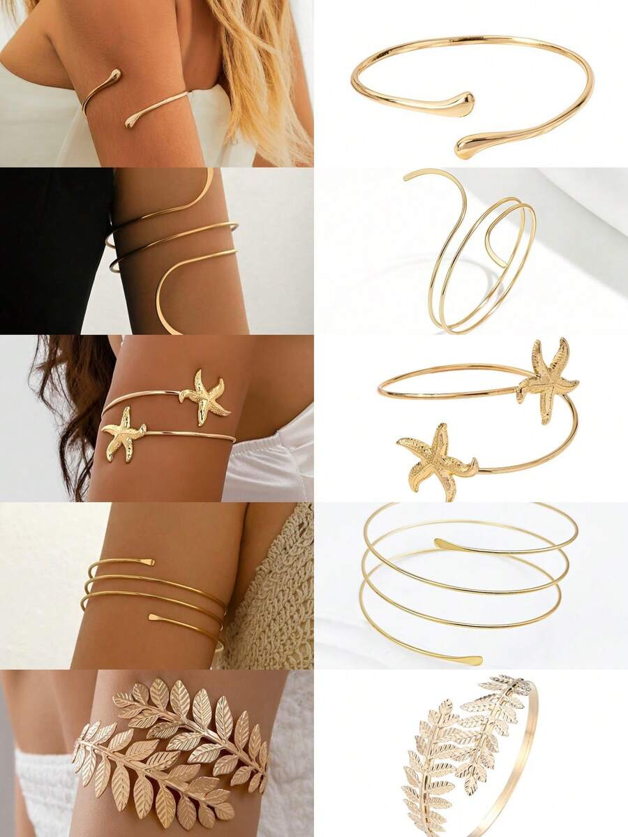 European And American Style Metal Arm Cuff 5pcs Set, Minimalist Geometric Line Leaf & Starfish Arm Bracelets, Accessories, Aesthetic - Gold - View 1