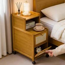 New Narrow Bamboo Bedside Table With Drawers, Modern Minimalist Style Small Bedside Cabinet On Wheels | Suitable For Storage In Small Bedroom Spaces | Sturdy Multifunctional Movable Side Table For Bedroom/Study/Living Room - Wood - View 4