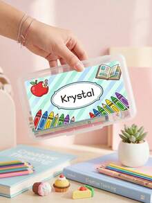 1pc Custom Pencil Case With Name, Clear Pencil Box With Cartoon Apple/Bus Design, Perfect Back To School Gift For Students,Ideal For Classroom And Home Use - Multicolor - View 3